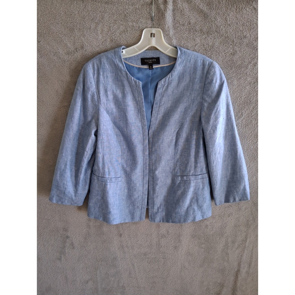 Talbots Linen Blazer 8P Blue Open Front 3/4 Sleeve Coastal Preppy Quiet Luxury